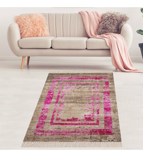 Eskitme Model Fuşya Çerçeveli Dijital Baskı Yıkanabilir Kaymaz Taban Salon Halısı Ve Yolluk (Pembe)