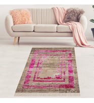 Eskitme Model Fuşya Çerçeveli Dijital Baskı Yıkanabilir Kaymaz Taban Salon Halısı Ve Yolluk (Pembe)