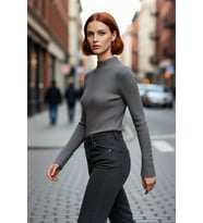 Kadın Fitted Dik Yaka Uzun Kollu Fitilli Dokuma Triko Kazak Casual Basic Şıklık Sunar Kaliteli
