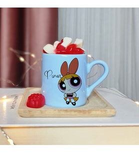 Power Puff Girls ( Blossom ) Tasarımlı Kişiye Özel Mavi Türk Kahvesi Fincanı