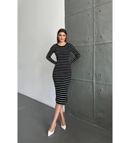 Yırtmaçlı Siyah Beyaz Çizgili Midi Elbise (Siyah Beyaz)