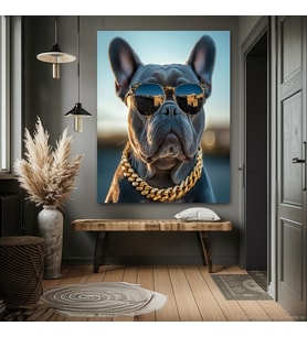 ALTIN ZİNCİRLİ KÖPEK EV DUVAR SALON GÜZELLİK SALONU OFİS DÜKKAN DEKARASYON KANVAS TABLO (Akçaağaç)