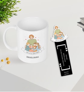 BK Gift Kişiye Özel İsimli Öğretmenler Günü Tasarımlı Kupa Bardak ve Ahşap Kitap Ayracı Hediye Seti -10, Öğretmene Hediye, Öğretmenler Günü