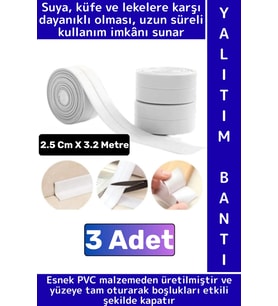 Uzun Ömürlü Su Nem Küf Dayanıklı Mutfak Lavabo Pencere Kenar Yalıtım Bandı 2.5 Cm X 3.2 Metre 3 Adet