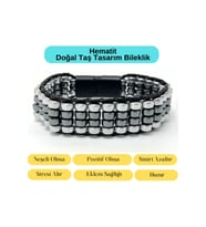 Sertifikalı Hematit Doğal Taş Tasarım Erkek Bileklik Gümüş ve Siyah Renk