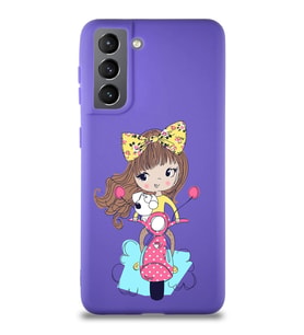 Samsung Galaxy S21 Soft Premier Kapak Vespagirl Tasarımlı Silikon Kılıf - Mor (Şeffaf)