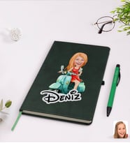 BK Gift Kişiye Özel Kadın Karikatürlü Yeşil Termo Deri Defter Kalem Seti Model 24
