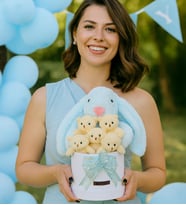 SOLE Premium Özel Hediye Kutusunda 45 cm Mavi Bunny Tavşan ve 5 Adet Beyaz Peluş Ayıcık Buketi (Kırmızı)