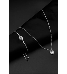 Gümüş Kaplama Zirkon Taşlı Kalp Charm Model Kadın Kolye ve Bileklik Seti