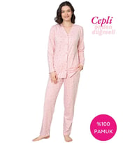 Guava Kadın V Yaka Önden Düğmeli %100 Pamuk Uzun Kollu Cepli Pijama Takımı (Somon)