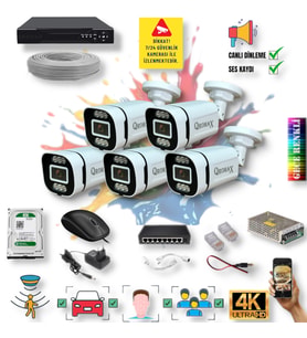 5 Kameralı IP Set - Yapay Zeka Özellikli Gece Renkli Gösteren Sesli 6 Warm Ledli 4K FULLHD IP Güvenlik Kamerası Seti 4386WS