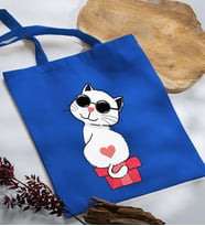BK Gift Kedi Tasarımlı Mavi Kumaş Bez Çanta, Baskılı Omuz Çantası, Alışveriş Çantası, Arkadaşa Hediye-6