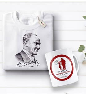 BK Gift Kişiye Özel Öğretmenler Günü Tasarımlı Kupa Bardak ve Atatürk Baskılı Tişört Hediye Seti- 3-11, Öğretmene Hediye, Öğretmenler Günü, 100. Yıl Hediyesi