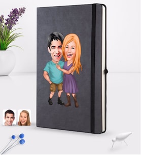 BK Gift Kişiye Özel Sevgililer Karikatürlü Siyah Termo Deri Defter 16x24cm Model 80
