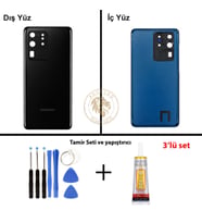 Samsung Galaxy S20 Ultra Siyah Renk Lensli Arka Kapak + Tamir Seti + B7000 Yapıştırıcı Arka Cam Batarya Kapağı Pil Kapağı Lazer Kesim Back Cover Galaxy S20 Ultra Uyumlu