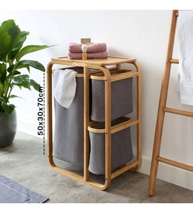 KİRLİ ÇAMAŞIR SEPETİ AHŞAP - BAMBU 3 ORGANİZER BÖLMELİ KUMAŞ ÇANTALI 50X30X70CM