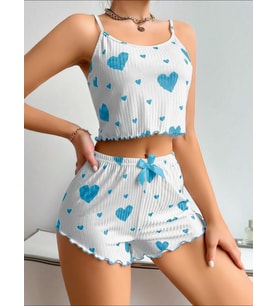 Fantezia Night Kadın Beyaz Mavi Kalp Desenli Askılı Şortlu Pijama Takım 5043
