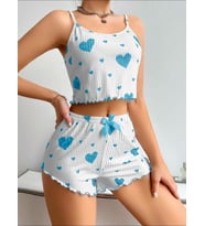 Fantezia Night Kadın Beyaz Mavi Kalp Desenli Askılı Şortlu Pijama Takım 5043