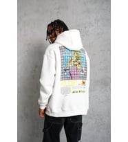 Erkek 3 İplik Pamuklu Kapüşonlu Baskılı Cepli Oversize Sweatshirt Hoodie - Beyaz