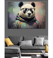 Sweatshirt Giymiş Gözlüklü Panda Tablosu Dekoratif Kanvas - Mdf Ahşap Tablo