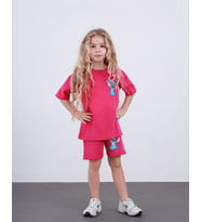 Cg Kids Stitch Kız Çocuk Tshirt Şort Alt Üst Takım Sırt Baskı Detaylı (Fuşya)