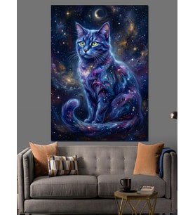 Galaksi Desenli Kozmik Kedi Portresi Dekoratif Kanvas - Mdf Ahşap Tablo