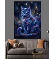 Galaksi Desenli Kozmik Kedi Portresi Dekoratif Kanvas - Mdf Ahşap Tablo