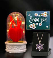 Led Işıklı Tasarım Fanus ve Gerçek Ametist Taşlı Lotus Kolye  Premium Hediye Seti (Model 6)