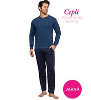 Guava Erkek Düğmesiz Çizgili Jakar Kumaş Mevsimlik Kol Manşetli Uzun Kol Cepli Pijama Takımı (İndigo)