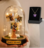 Kişiye Özel 3 Fotoğraflı Şans Melekli Led Işıklı Fanus ve Kelebek Kolye Hediyeli