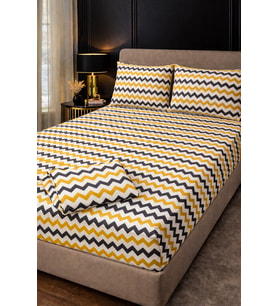 MORE HOME ÇİFT KİŞİLİK LASTİKLİ ÇARŞAF SETİ + 2 YASTIK KILIFI 180x200 Zikzaklı Sarı Gri Beyaz
