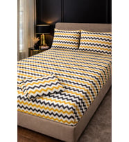 MORE  HOME ÇİFT KİŞİLİK LASTİKLİ ÇARŞAF SETİ + 2 YASTIK KILIFI 180x200 Zikzaklı Sarı Gri Beyaz