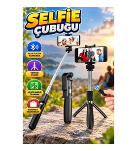 Bluetooth Kumandalı Tripod Selfie Çubuğu Telefon Tutucu – Kompakt Tasarım