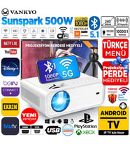 Vankyo Sunspark 500W Android TV 1080P Destekli Projeksiyon Cihazı  5G Wi-Fi + 5.1 Bluetooth - LCD LED - 240 Inç Yansıtma-Dahili Hoparlör-PS5/XBOX/HDMI/USB/VGA/AV