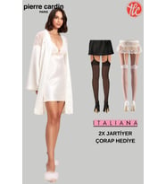 Pierre Cardin Büyük Beden Kadın 6'lı Saten Gecelik Sabahlık Pijama Takım Şort Takım Gelin Çeyiz Set 2X Jartiyer Çorap Hediyeli