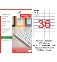 Tanex Lazer Etiket tw-2035 100 A4 Sayfa Laser Etiket 52 x 33 mm Boyutunda 1 A4 Sayfada 35 Etiket
