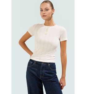 Fitted Bisiklet Yaka Kısa Kollu Örme Bluz Rahat Günlük Stil Modern Konforlu Kesim (Ekru)
