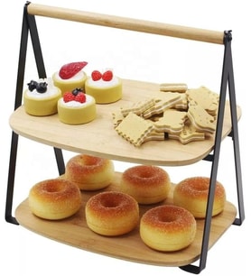 2 Katlı Dikdörtgen Bambu Servis Sunum Seti Büyük Boy, Kuru Pasta, Kurabiye ve Kek Sunumları İçin Büyük Boy (34cm-26.5cm-16cm)