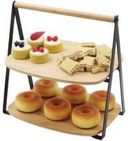 2 Katlı Dikdörtgen Bambu Servis Sunum Seti Büyük Boy, Kuru Pasta, Kurabiye ve Kek Sunumları İçin Büyük Boy (34cm-26.5cm-16cm)
