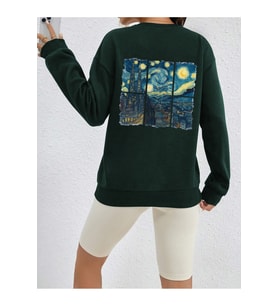 Unisex Vangogh Baskılı Tasarım Oversize Sweatshirt (Yeşil)