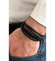 Örgü Detaylı %100 Deri 4lü Siyah Erkek Bileklik Set 21 cm (Türk El Üretimi)