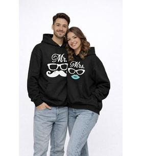 Mr Mrs Baskılı Sevgili Kombini Oversize Hoodie Seti Unisex Sevgililer Günü Özel Tasarım (Siyah)