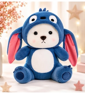 50 cm büyük boy mavi kostümlü puffy hug ayıcık şapkası çıkabilen sevimli peluş oyuncak