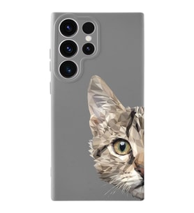 Samsung Galaxy S23 Ultra Uyumlu Lansman Kılıf Catface Tasarımlı İçi Kadife Kapak-Gri (Şeffaf)