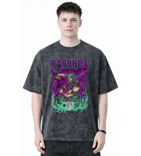 Tasarım Roronoa Zoro One Piece Anime Baskılı Unisex Oversize Eskitme Yıkamalı Tişört