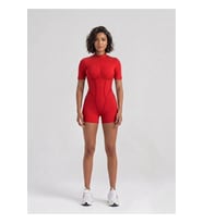 Kırmızı Sculpt Line Kısa Kollu Spor Tayt Şort Tulum