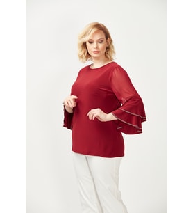 4043 Bordo Kolları Volanlı Esnek Şık Taşlı Büyük Beden Bluz