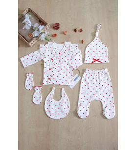 Kız Bebek Beyaz Kalpli Lüks Süslü 5 Li Hastane Çıkışı Yenidoğan Set STL6398