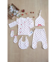 Kız Bebek Beyaz Kalpli Lüks Süslü 5 Li Hastane Çıkışı Yenidoğan Set STL6398