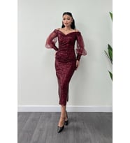Pul Payet Kumaş Kayık Yaka Kalem Elbise - BORDO